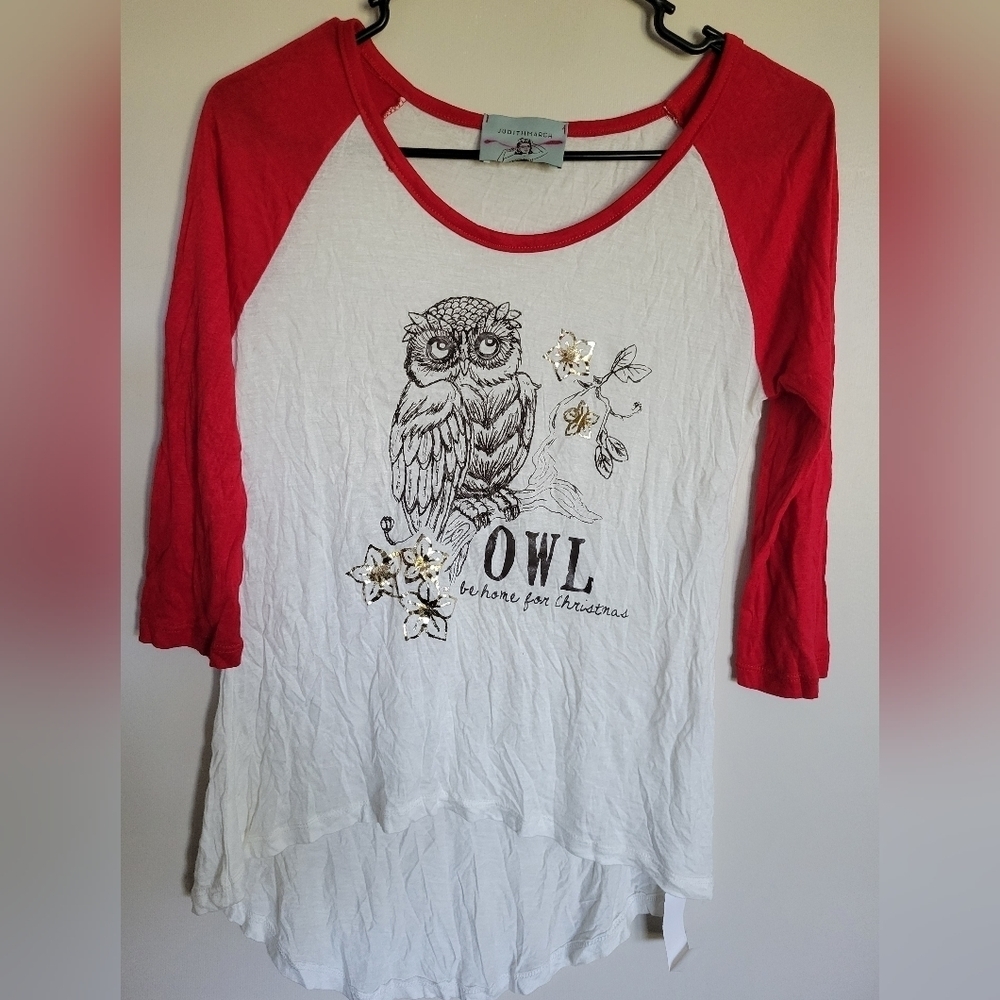 NWT Judith March Owl Be Home For Christmas Raglan Baseball Tee Size Small